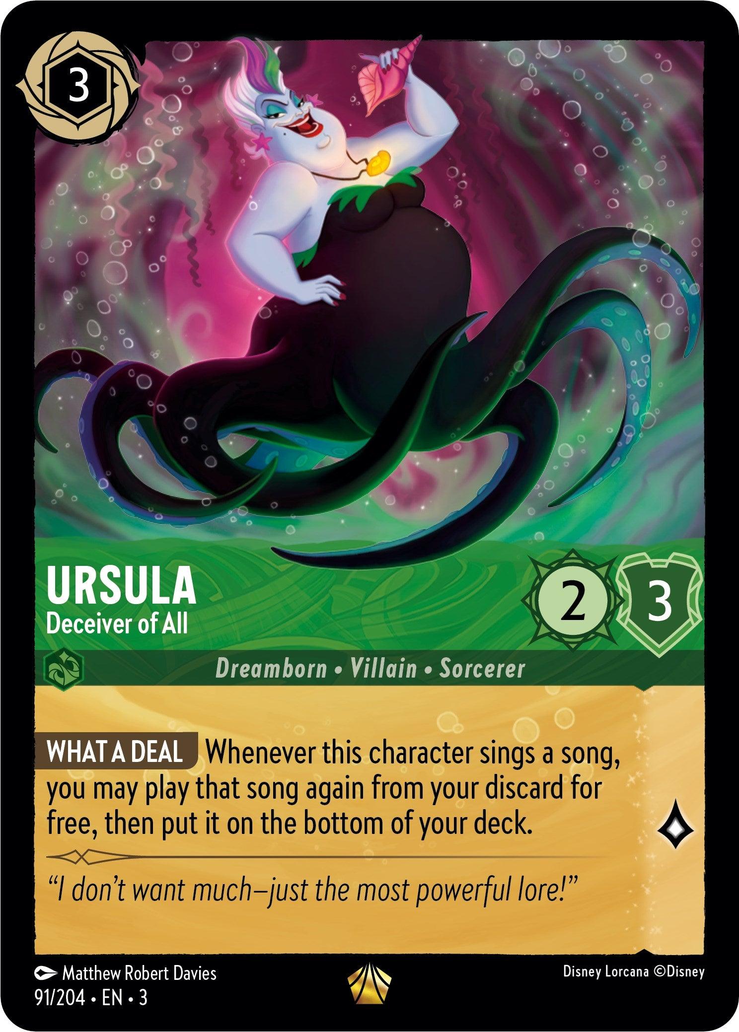 A card from the Disney Lorcana series, titled Ursula - Deceiver of All (91/204) [Into the Inklands], features Ursula described as 