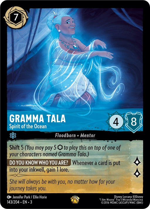 A Disney Lorcana Legendary card features "Gramma Tala - Spirit of the Ocean (143/204) [Into the Inklands]." The artwork shows an elderly woman with blue skin and a joyful expression. She is surrounded by water and bioluminescent sea creatures. The card's abilities, cost, strength, and lore are detailed in text boxes.