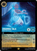 A Disney Lorcana Legendary card features "Gramma Tala - Spirit of the Ocean (143/204) [Into the Inklands]." The artwork shows an elderly woman with blue skin and a joyful expression. She is surrounded by water and bioluminescent sea creatures. The card's abilities, cost, strength, and lore are detailed in text boxes.