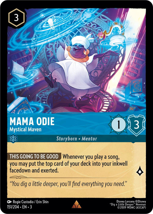An illustration of the Disney Lorcana card titled "Mama Odie - Mystical Maven (151/204) [Into the Inklands]." Mama Odie, a character in a white dress and blue headscarf, floats amid vibrant magical elements against an intricate blue backdrop. This card has a cost of 3 and stats of 1 strength and 3 willpower. Enter "Into the Inklands" to play a song with her mystical abilities.
