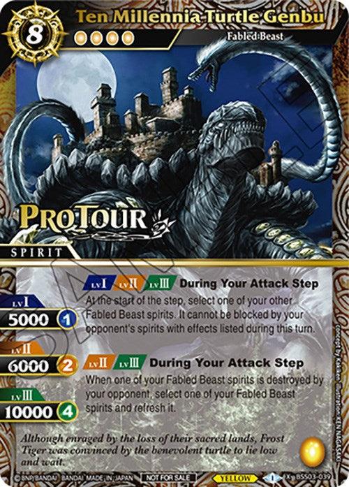 The image shows a trading card titled "Ten Millennia Turtle Genbu (X Rare Special Pack Vol. 3) (BSS03-039) [Battle Spirits Saga Promo Cards]" with a Pro Tour logo in the lower left corner. It features a large turtle with a snake-like tail, surrounded by ruins under a night sky. The card, part of the Battle Spirits Saga promo cards collection from Bandai, lists stats and abilities for its Fabled Beast Spirit type.