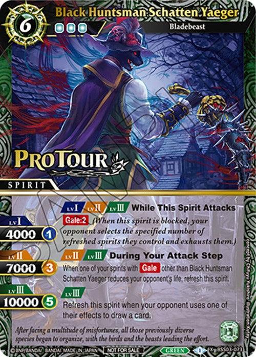 A detailed trading card image titled "Black Huntsman Schatten Yaeger (X Rare Special Pack Vol. 3) (BSS03-073) [Battle Spirits Saga Promo Cards]" with a rank of 6 and type "Bladebeast." The spirit has stats 4000 BP/1 cost, 7000 BP/3 cost, and 10000 BP/6 cost. Part of the Battle Spirits Saga as an X Rare, the card features colorful artwork of a character wielding a weapon and is produced by Bandai.
