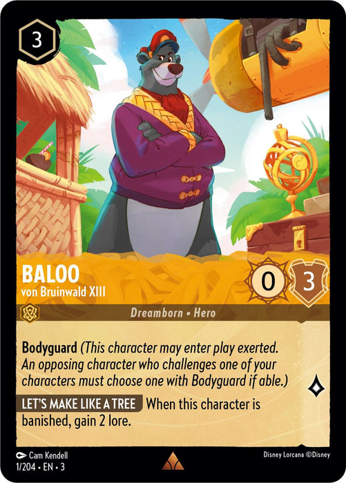 A rare Disney Lorcana trading card features Baloo - von Bruinwald XIII (1/204) [Into the Inklands] from Disney. Dressed in a purple jacket and red hat, Baloo stands on a treehouse platform in the Inklands. The card text highlights his "Bodyguard" and "Let's Make Like a Tree" abilities, with values of 3 on the top-left, 0 attack, and 3 defense.