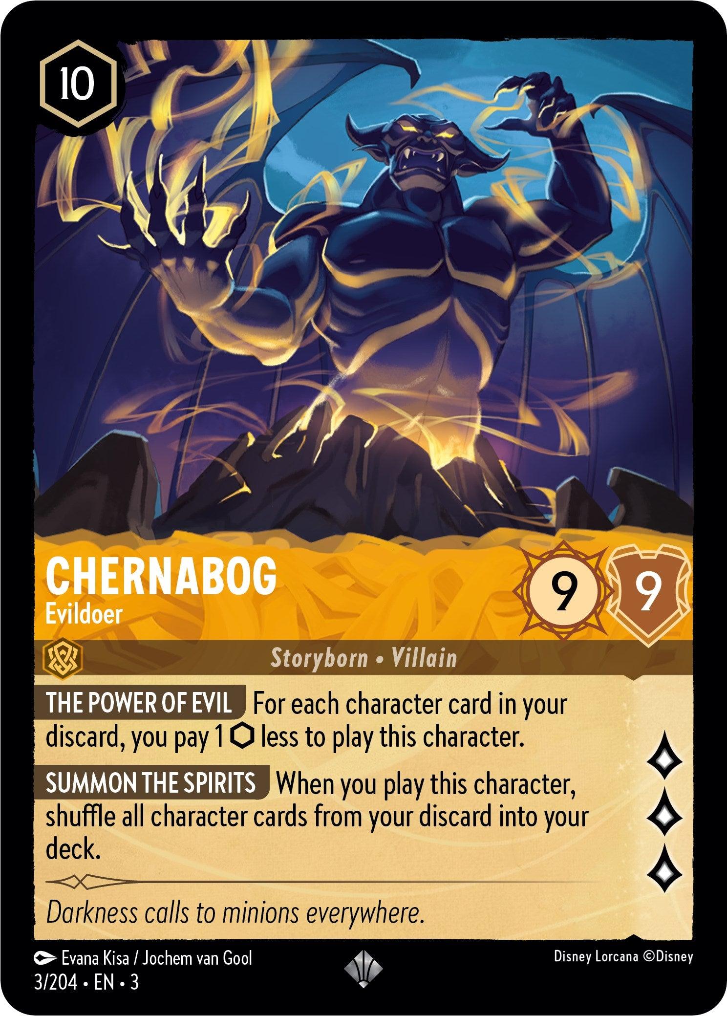 A Disney Lorcana trading card featuring the Chernabog - Evildoer (3/204) [Into the Inklands], a Storyborn Villain. Boasting attributes of 9/9 and costing 10 ink points, his special abilities include 