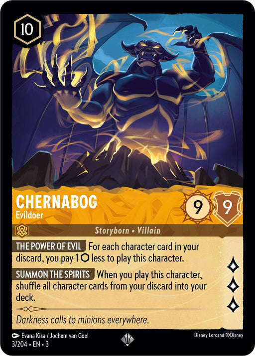 A Disney Lorcana trading card featuring the Chernabog - Evildoer (3/204) [Into the Inklands], a Storyborn Villain. Boasting attributes of 9/9 and costing 10 ink points, his special abilities include "The Power of Evil" and "Summon the Spirits." The background captures Chernabog on a mountain, surrounded by yellow-orange lightning.