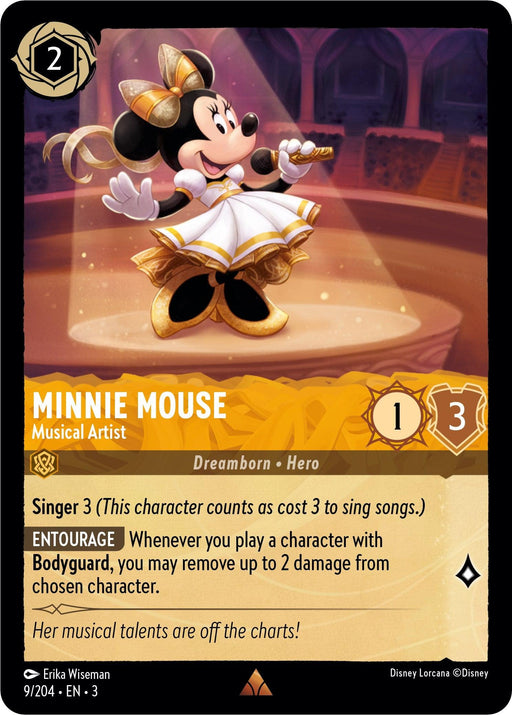 A card featuring Minnie Mouse as a "Musical Artist." She stands on a spotlighted stage with a microphone, dressed in a white and gold dress with matching shoes. The card's text reads: "Singer 3, Character with Bodyguard, Her musical talents are off the charts!" with statistics 1 attack and 3 defense. Product Name: Minnie Mouse - Musical Artist (9/204) [Into the Inklands] by Disney.