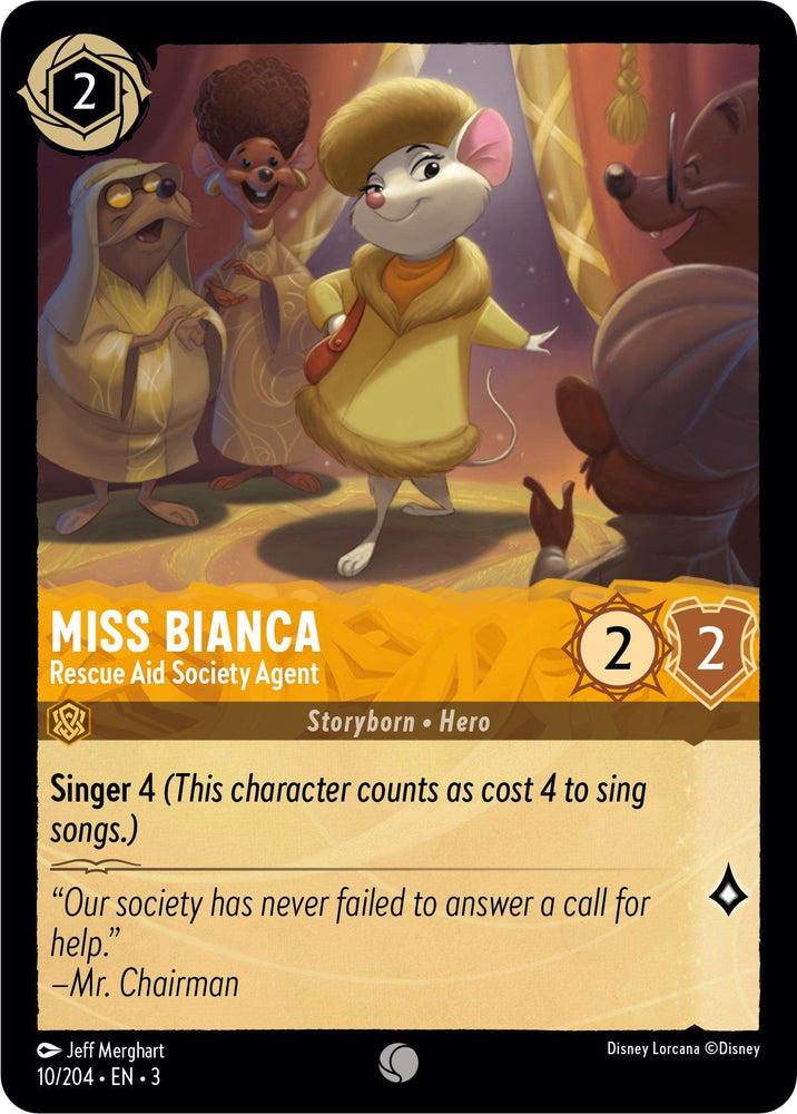 Card titled "Miss Bianca - Rescue Aid Society Agent (10/204) [Into the Inklands]" by Disney, showcases Miss Bianca confidently in a ballroom wearing a yellow coat and hat amidst elegantly dressed animals, highlighting her role with attributes and Mr. Chairman's quote.