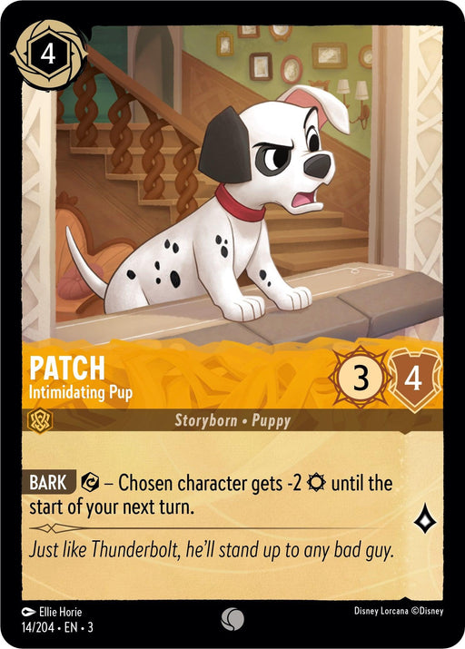 A Disney Patch - Intimidating Pup (14/204) [Into the Inklands] trading card featuring "Patch, Intimidating Pup" from the Into the Inklands series. Patch is a white puppy with a black ear and spots, growling on a table. The card costs 4 to play, has 3/4 attack/defense stats, and boasts the "Bark" ability that reduces a chosen character's strength by 2 until