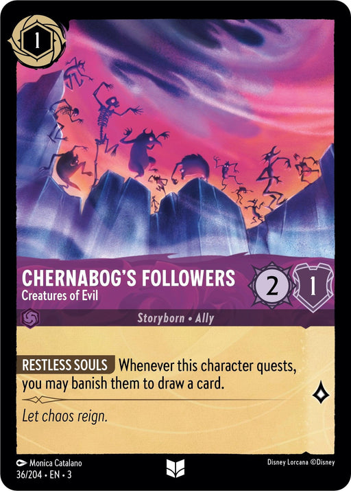 The image features a card from Disney titled "Chernabog's Followers - Creatures of Evil (36/204) [Into the Inklands]." Showcasing Creatures of Evil against a purple-hued background with eerie rocky cliffs, the card has a cost of 1, strength of 2, and willpower of 1. Its ability "Restless Souls" allows drawing a card when banishing an enemy.