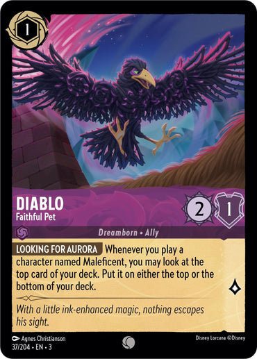 The Disney card "Diablo - Faithful Pet (37/204) [Into the Inklands]" features Diablo, a crow with glowing purple eyes and ink magic, in mid-flight against a mystical purple sky. The description explores playing Maleficent with detailed stats for an enchanting game experience.