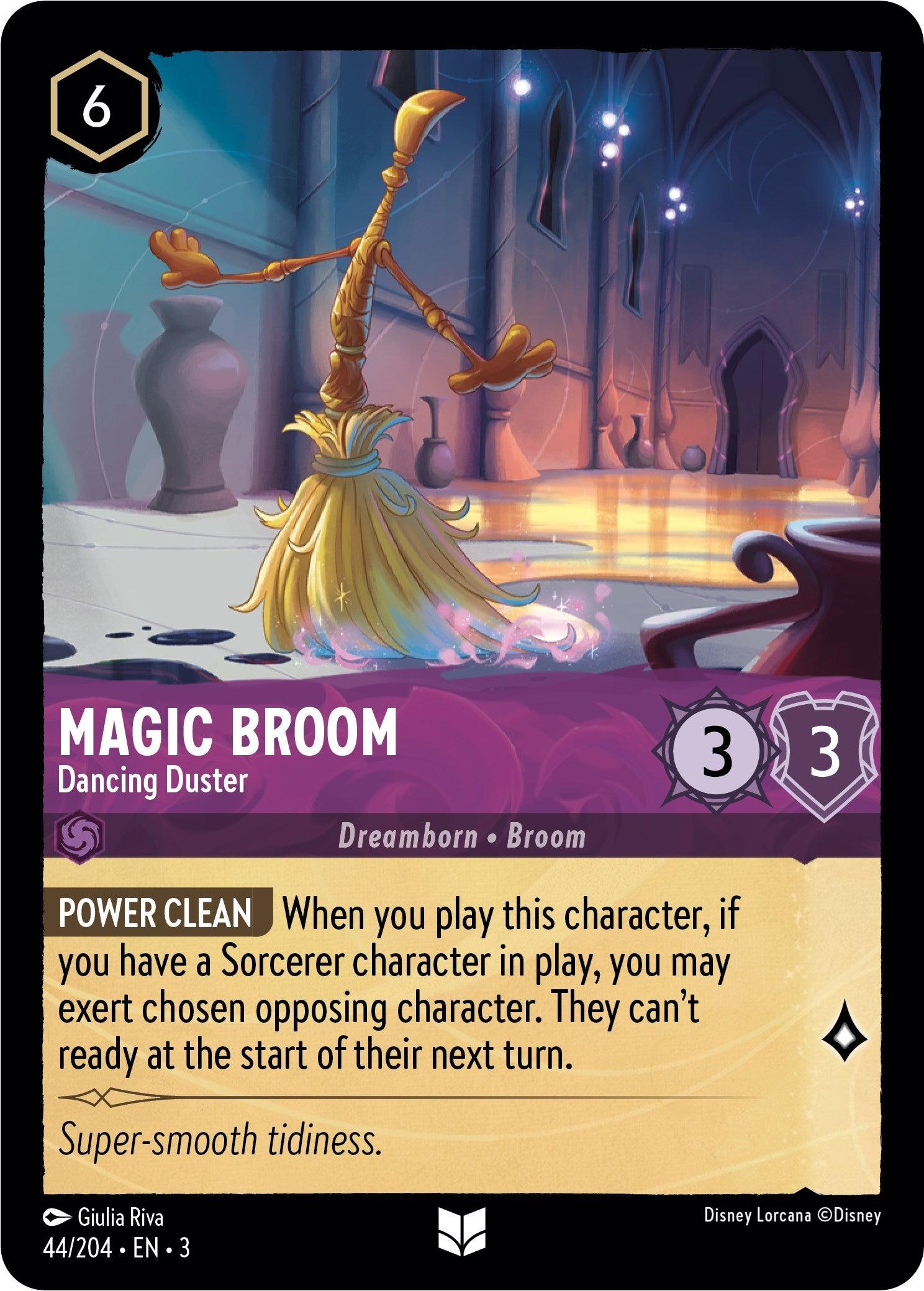 An Uncommon Magic Broom - Dancing Duster (44/204) [Into the Inklands] card from Disney. It depicts a broomstick with a yellow handle, brown bristles, and a pink sash. With a cost of 6, attack of 3, defense of 3, and the effect 