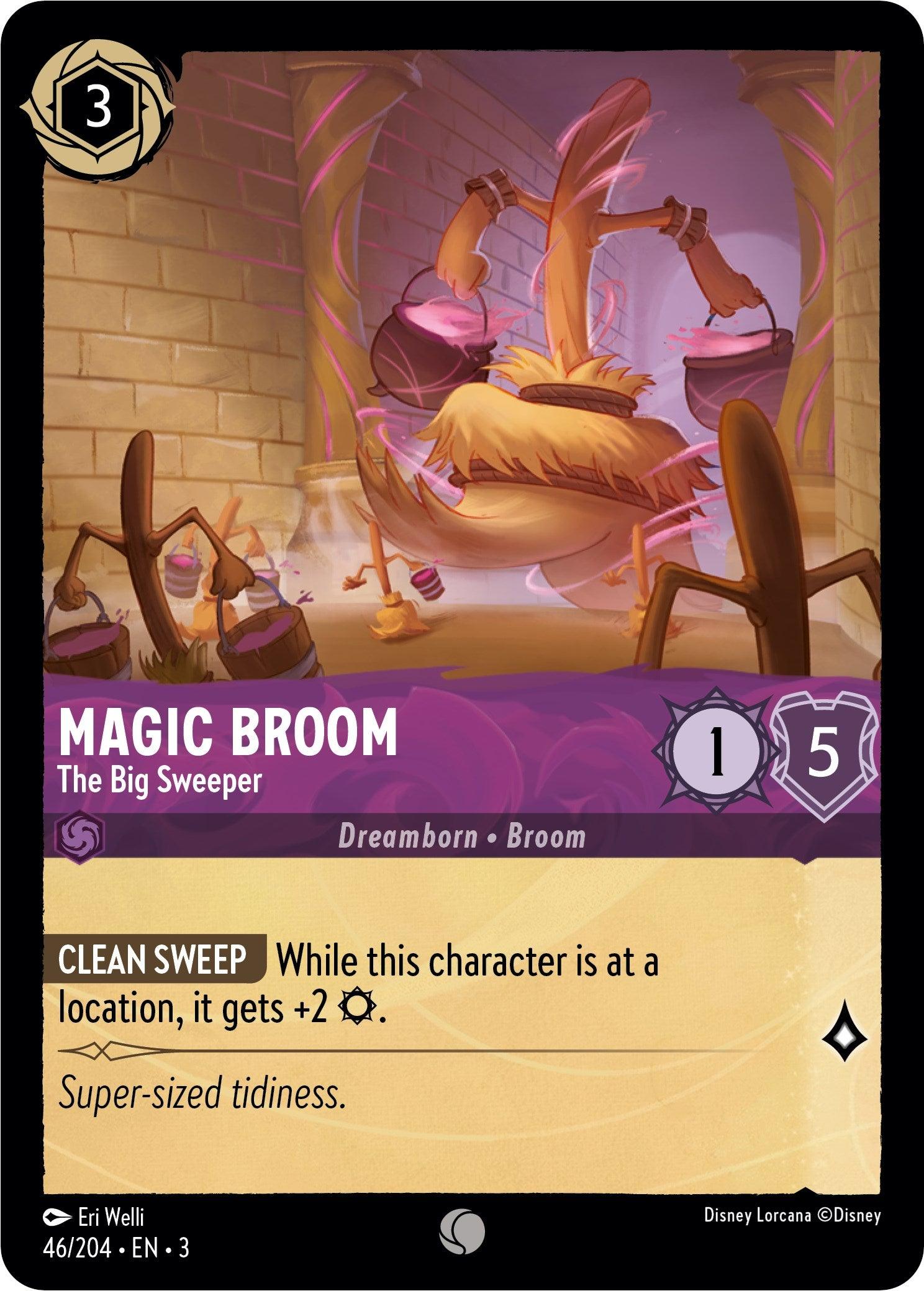 A Magic Broom - The Big Sweeper (46//204) card from the Disney Lorcana game. It depicts an animated broom sweeping, surrounded by smaller brooms. Costing 3 ink, it has 1 strength and 5 willpower. The ability 