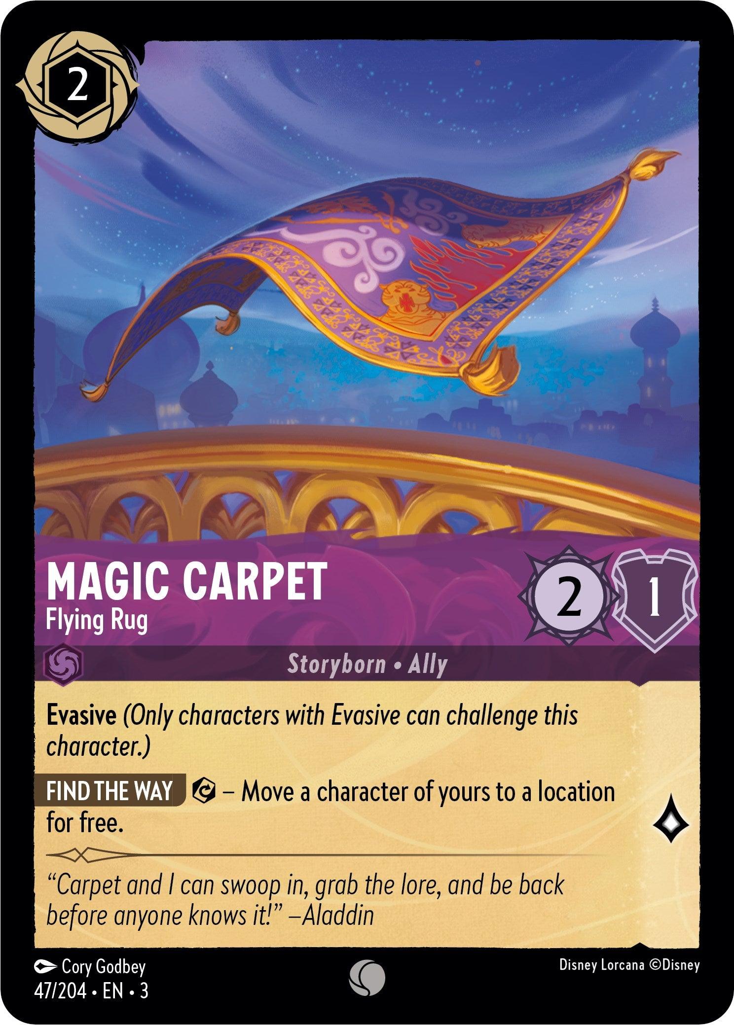 A Disney trading card depicting a magical flying carpet, hovering above an ornate golden-bordered balcony at twilight. Titled 