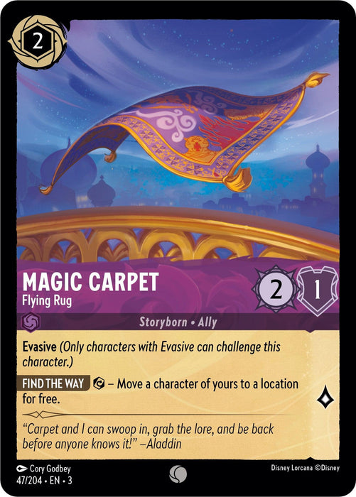 A Disney trading card depicting a magical flying carpet, hovering above an ornate golden-bordered balcony at twilight. Titled "Magic Carpet - Flying Rug (47/204) [Into the Inklands]," it includes game details such as "Evasive," "Find the Way," and attributes: cost "2", attack "2", and defense "1".