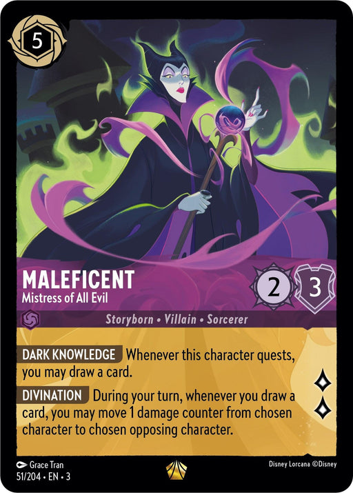 A legendary card from Disney Lorcana featuring "Maleficent - Mistress of All Evil (51/204) [Into the Inklands]." This 5-cost card boasts 2 strength and 3 willpower, with abilities like "Dark Knowledge" and "Divination." The illustration captures Maleficent in a dark robe with green flames and a staff, standing menacingly.