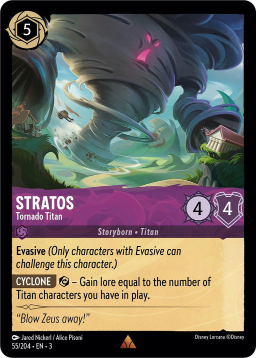 A fantasy-themed trading card titled "Stratos - Tornado Titan (55//204) [Into the Inklands]" from Disney, with power and toughness stats of 4/4, costs 5 mana. The card features a swirling tornado figure with humanoid characteristics looming over a vibrant, mystical landscape called "Into the Inklands." Text includes abilities "Evasive" and "Cyclone.