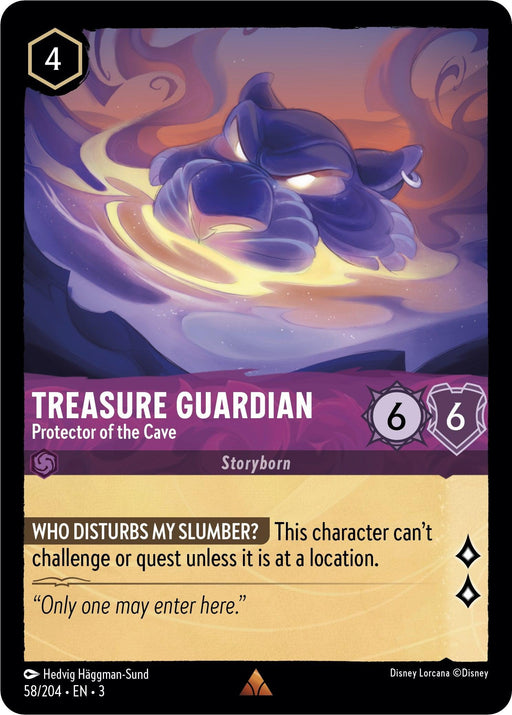 A rare Disney Lorcana trading card titled "Treasure Guardian - Protector of the Cave (58/204) [Into the Inklands]," illustrated by Hedvig Häggman-Sund. The card features a menacing, spectral tiger with glowing yellow eyes and swirls of smoke. It has 6 strength and 6 willpower. Text: "This character can't challenge or quest unless it is at a location.