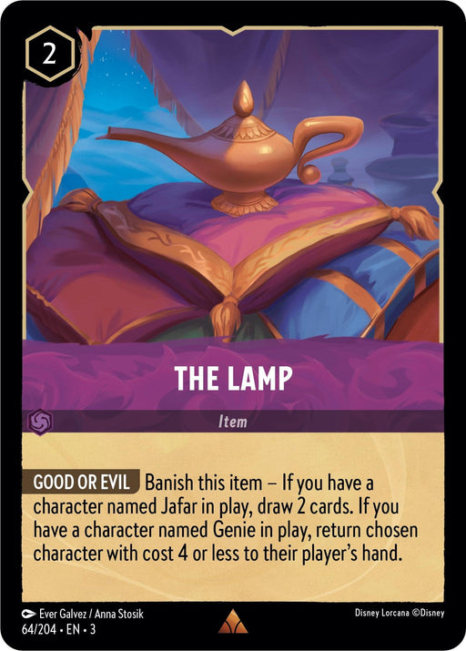 A rare card from the Disney Lorcana game, "The Lamp (64/204) [Into the Inklands]," which costs 2 to play. It showcases an illustration of a magical lamp on a purple cushion. The text details banishing the item if Jafar is in play to draw 2 cards, or returning a character costing 4 or less to their player's hand if Genie is in play.