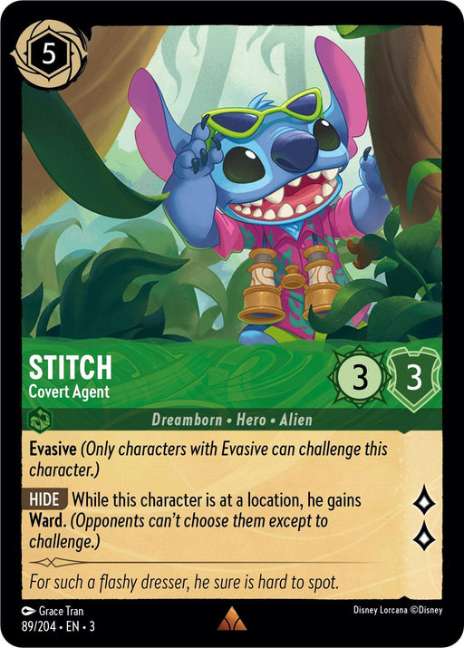 A rare stylized trading card featuring Stitch - Covert Agent (89//204) [Into the Inklands] by Disney boasts vibrant art of Stitch in a jungle, donning a Hawaiian shirt, headband, and holding binoculars. The card's stats are 3 attack and 3 defense, with text detailing his abilities and flavor text at the bottom.