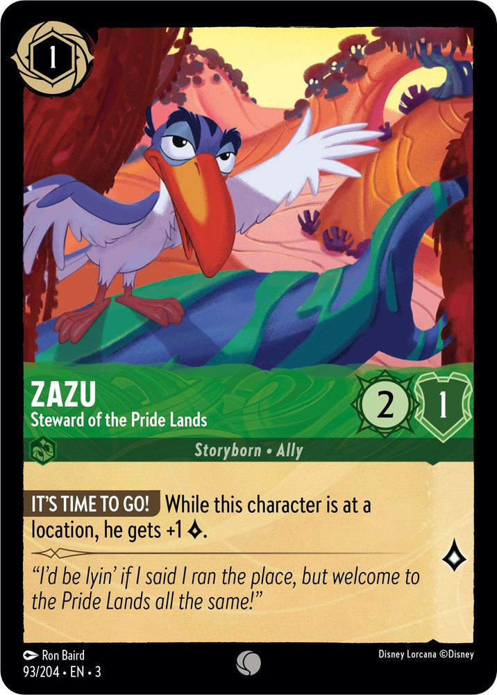 The Disney card, "Zazu - Steward of the Pride Lands," features Zazu on a rock in a lively setting. It reads, "Zazu, Steward of the Pride Lands," with cost 1, willpower 2, strength 1, and special ability granting +1 Lore for locations.