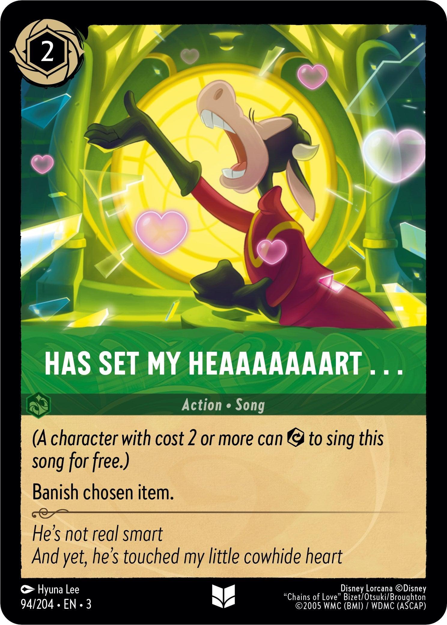 A card features a cartoon character with expressive joy, throwing their head back as hearts float around. The text reads 