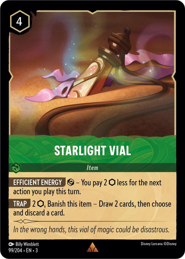 The rare card "Starlight Vial" from Disney's "Into the Inklands" set (99/204) showcases a glowing vial on sandy terrain enveloped by swirling light. With a border cost of 4, it boasts the abilities Efficient Energy and Trap. The flavor text cautions against the potential danger of mishandling this vial in the Inklands.