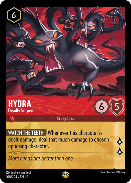 A trading card featuring a multi-headed black serpent named "Hydra - Deadly Serpent (108/204) [Into the Inklands]." The background is red with aggressive facial expressions on the serpent's heads. The card states: "WATCH THE TEETH: Whenever this character is dealt damage, deal that much damage to chosen opposing character." This Disney Legendary card has a power of 6 and toughness of 5.