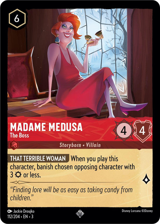 A Disney Lorcana trading card showcases Madame Medusa, labeled as "Madame Medusa - The Boss (112/204) [Into the Inklands]." She is a Storyborn Villain with 4 Strength and 4 Willpower. Her special ability, "That Terrible Woman," allows her to banish opposing characters. This super rare card depicts her confidently standing in a red dress.