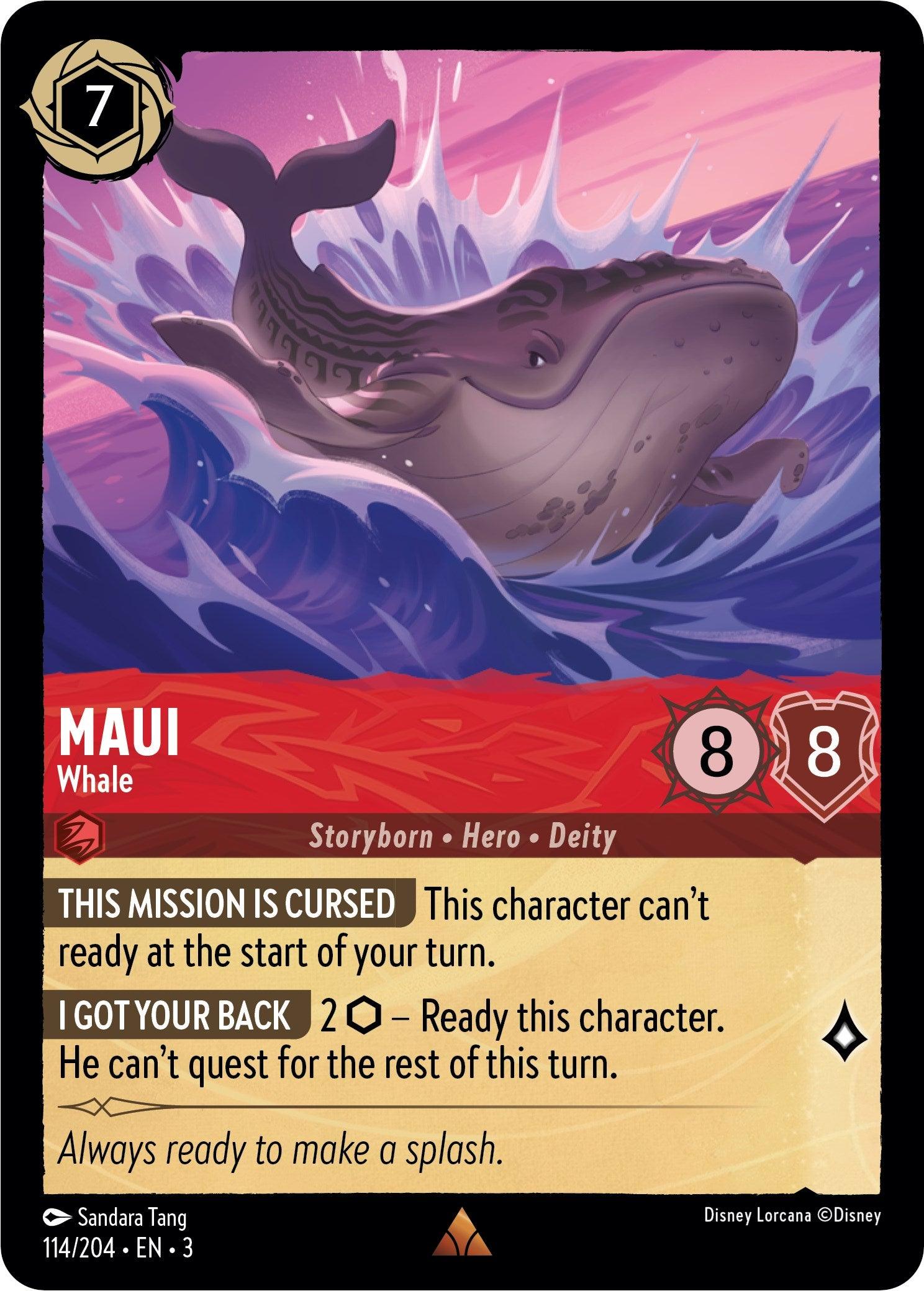 A Rare Disney Lorcana card featuring Disney's Maui - Whale (114//204) [Into the Inklands], a massive whale with purple markings, leaping from turbulent ocean waves. This 8/8 powerhouse costs 7 and boasts special abilities like 