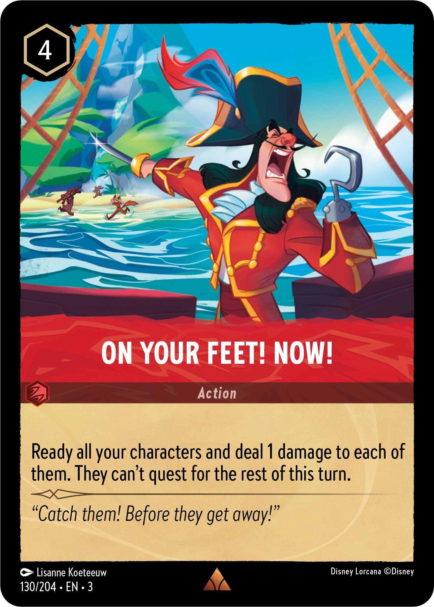 A brightly colored card shows an animated pirate with a hook for a hand, shouting and pointing. Text reads 