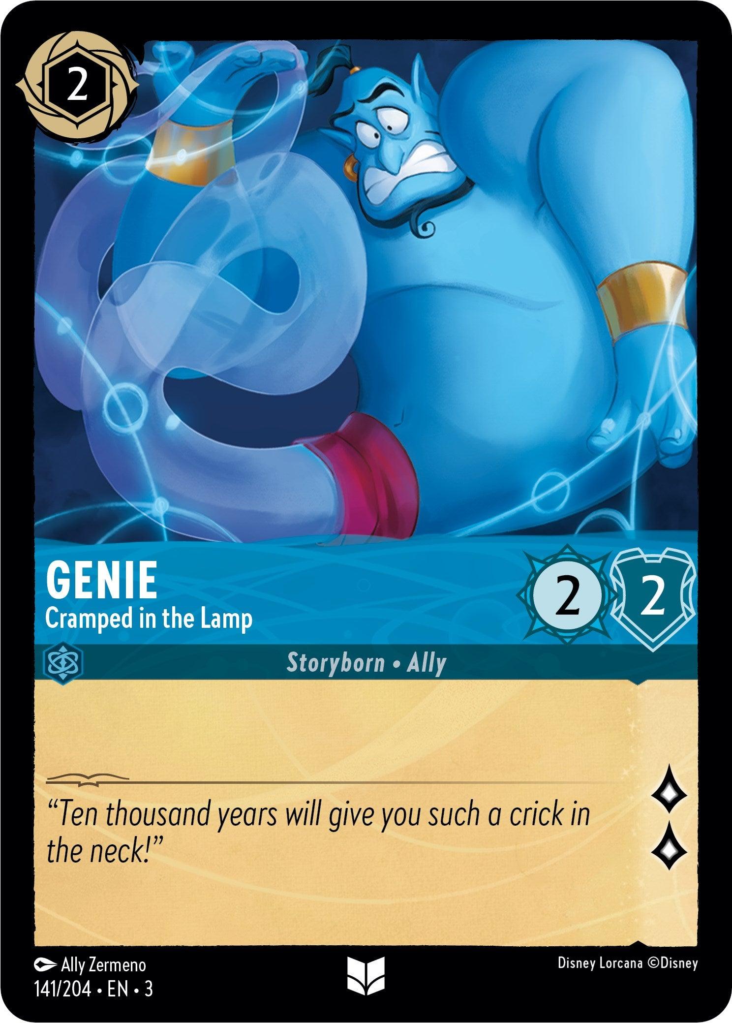 A Disney trading card featuring a blue genie named 