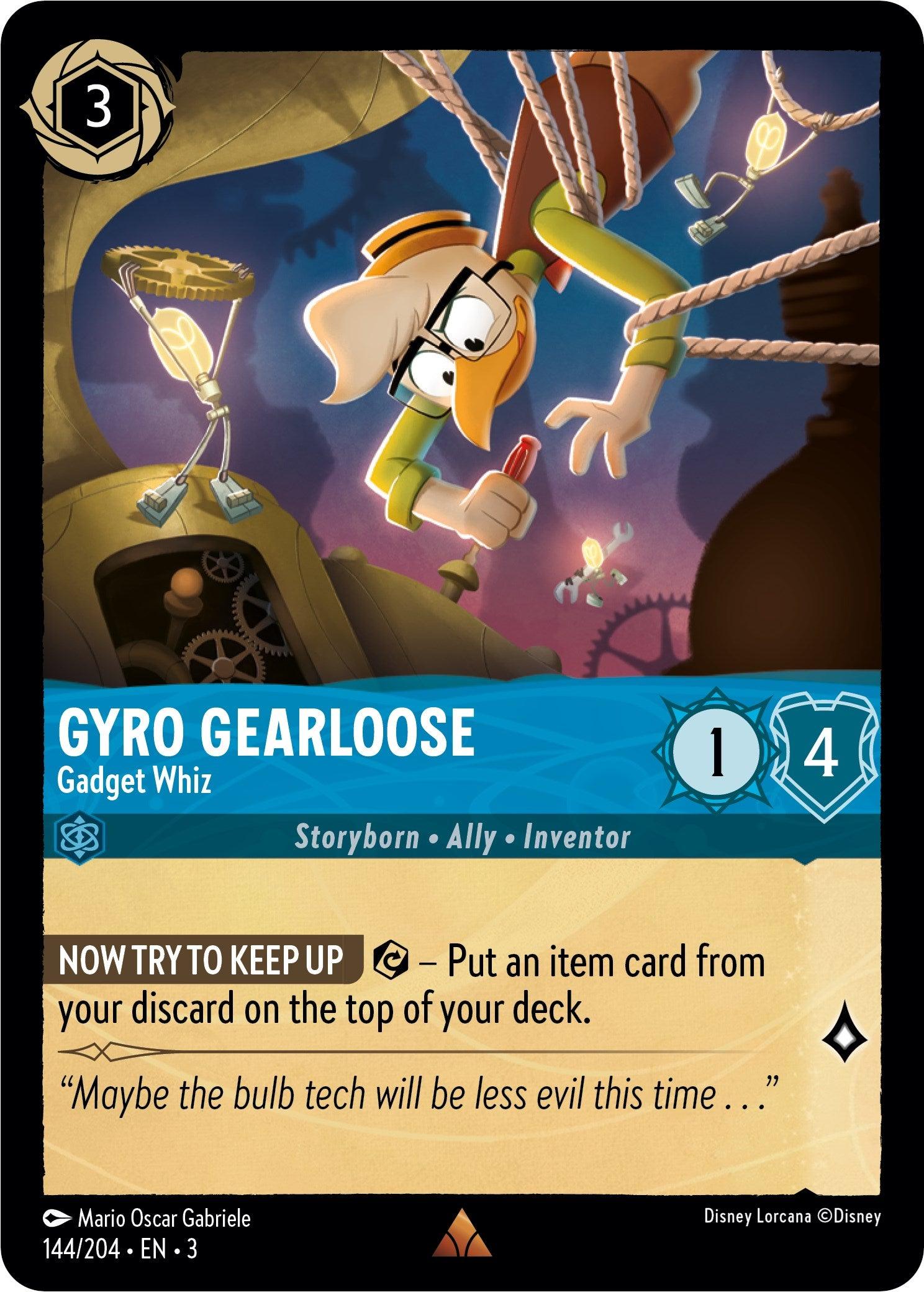 A Disney Lorcana trading card featuring **Gyro Gearloose - Gadget Whiz (144//204) [Into the Inklands]**. The rare card shows Gyro, a duck in glasses and a yellow hat, tinkering with gadgets. He has a white and blue background with a cost of 3, strength 1, and willpower 4. The card's text details his special ability 