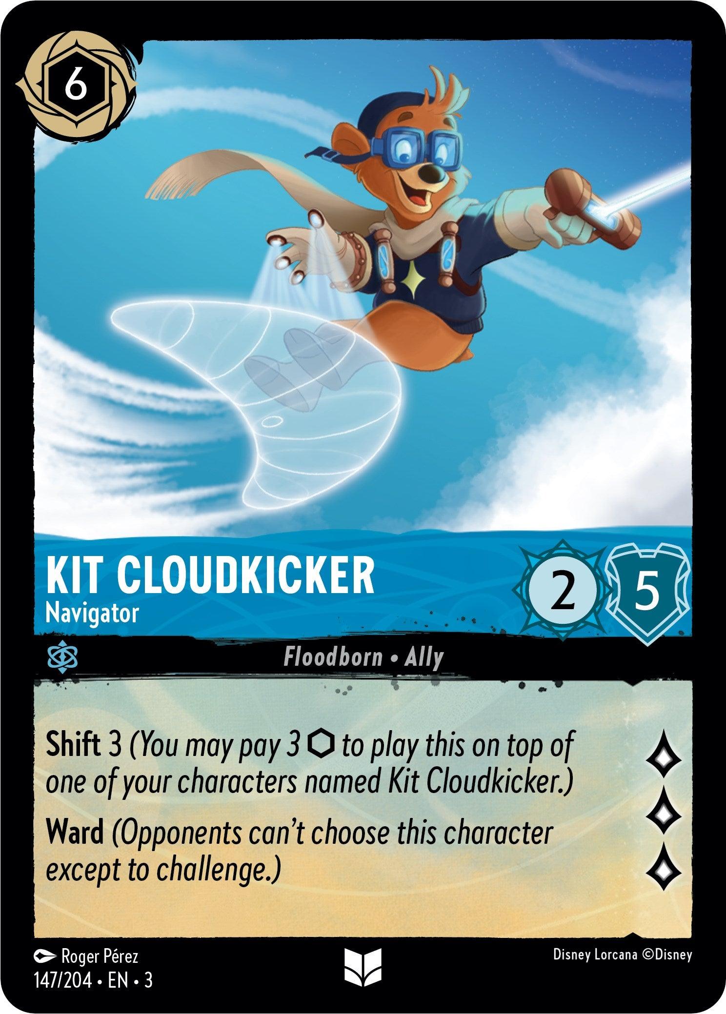 A Disney Lorcana card features Kit Cloudkicker - Navigator (147//204) [Into the Inklands], an Uncommon Floodborn Ally Navigator. The card shows Kit energetically flying with aviator goggles and a blue scarf, leaving a gleaming cloud trail. Stats include 2 attack and 5 defense. Abilities are Shift 3 and Ward. Card number 147/204 makes this one to watch 