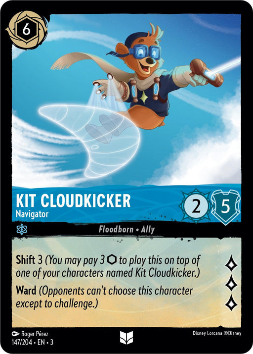 A Disney Lorcana card features Kit Cloudkicker - Navigator (147//204) [Into the Inklands], an Uncommon Floodborn Ally Navigator. The card shows Kit energetically flying with aviator goggles and a blue scarf, leaving a gleaming cloud trail. Stats include 2 attack and 5 defense. Abilities are Shift 3 and Ward. Card number 147/204 makes this one to watch "Into the Inklands.