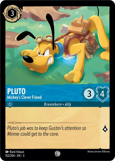 The Disney Lorcana card "Pluto - Mickey's Clever Friend (152/204) [Into the Inklands]" shows Pluto with a blue collar and backpack on grass, boasting 3 attack and 4 defense. It's inscribed: "Pluto's job was to keep Gustav's attention so Minnie could get to the cave.