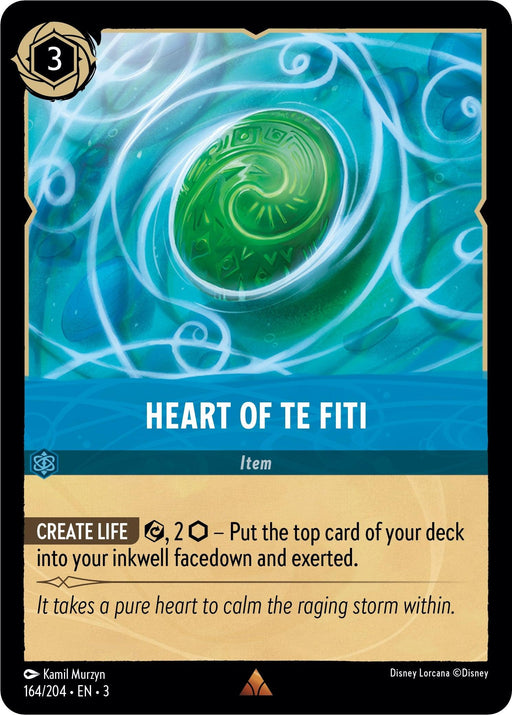 A rare card from the Disney game, titled "Heart of Te Fiti (164//204) [Into the Inklands]," depicts a glowing green spiral heart against a swirling blue and green Inklands background. Costing 3 and tagged with "Create Life," it reads: "2, Exert—Put the top card of your deck into your inkwell facedown and exerted." The flavor text states, "It