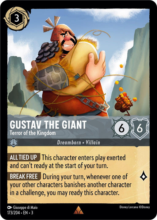 A rare card from Disney Lorcana set, it features "Gustav the Giant - Terror of the Kingdom (173/204) [Into the Inklands]." Gustav is illustrated as a large, smiling man wearing an orange helmet and fur cloak, hugging a sheep. Attributes: cost 3, strength 6, willpower 6. Abilities: "Allied Up" and "Break Free.