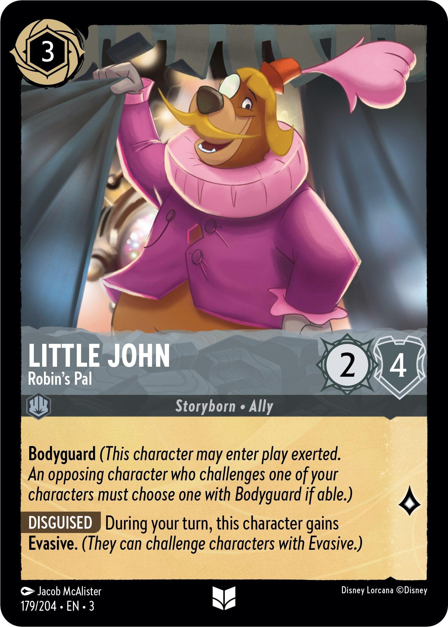 Card description in Disney Lorcana game format: Little John - Robin's Pal (179/204) [Into the Inklands], depicted as a cheerful anthropomorphic bear in Renaissance attire, is illustrated smiling and pointing. As Robin's Pal, he boasts game stats of cost 3, willpower 4, strength 2, and abilities Bodyguard and Disguised.