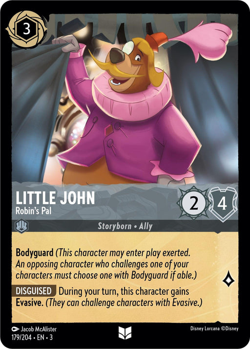 Card description in Disney Lorcana game format: Little John - Robin's Pal (179/204) [Into the Inklands], depicted as a cheerful anthropomorphic bear in Renaissance attire, is illustrated smiling and pointing. As Robin's Pal, he boasts game stats of cost 3, willpower 4, strength 2, and abilities Bodyguard and Disguised.