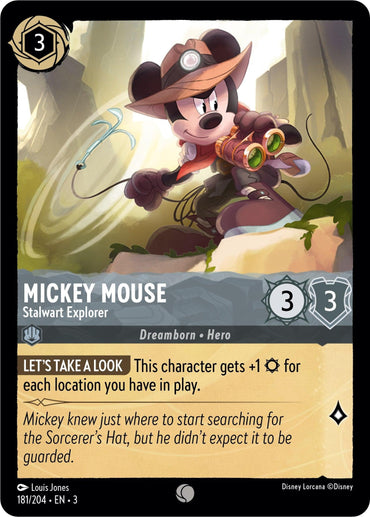 The Disney card "Mickey Mouse - Stalwart Explorer (181/204) [Into the Inklands]" depicts a cartoon mouse dressed as an explorer with a fedora, whip, and lantern, featuring abilities like location bonuses and fantasy-themed stats.