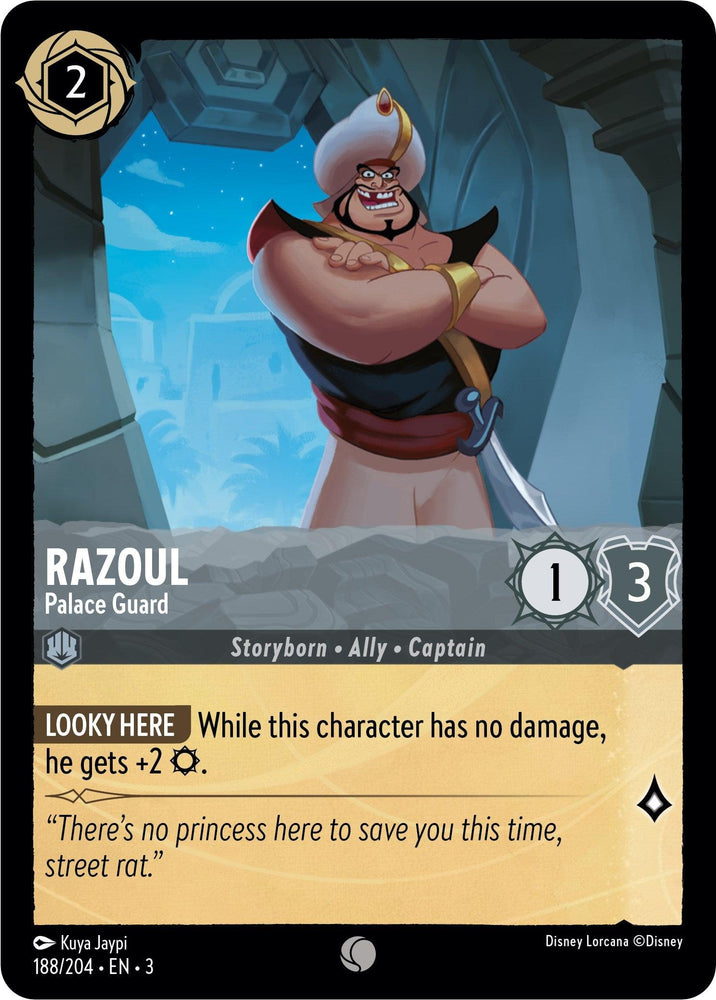 The Disney card "Razoul - Palace Guard (188/204) [Into the Inklands]" features a robust guard with 1 attack, 3 defense, and +2 attack if undamaged. Quote: "There’s no princess here to save you this time, street rat.”.