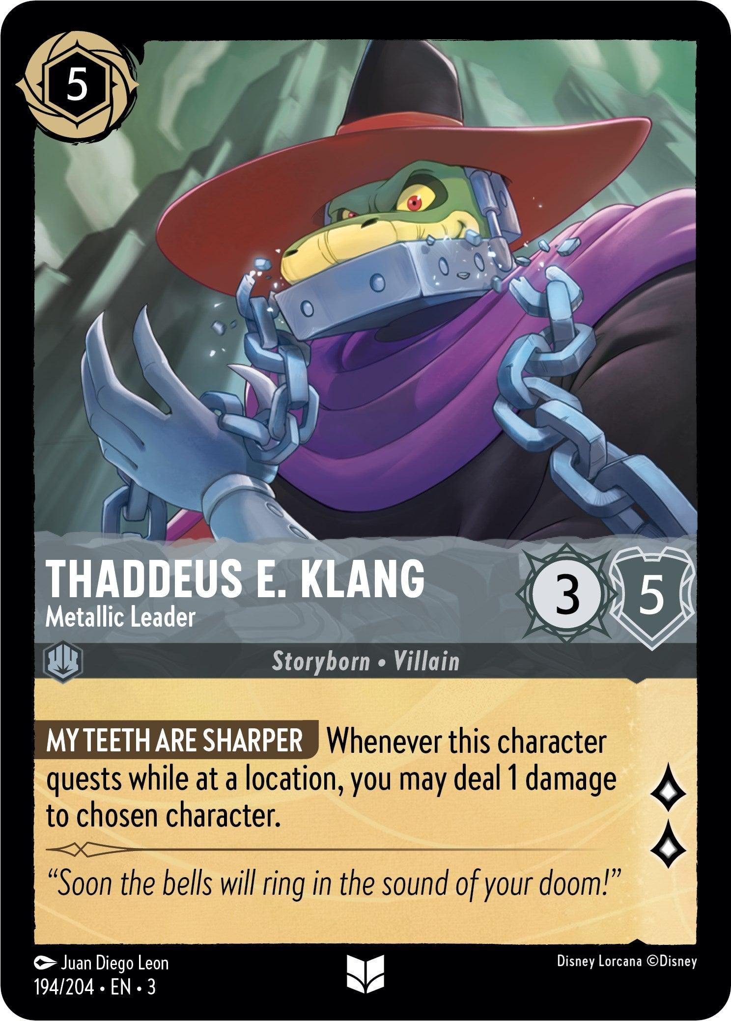 Introducing Thaddeus E. Klang - Metallic Leader from Disney Lorcana: Into the Inklands. With a red hat, purple scarf, glowing green eyes, and sharp claws showcasing his 