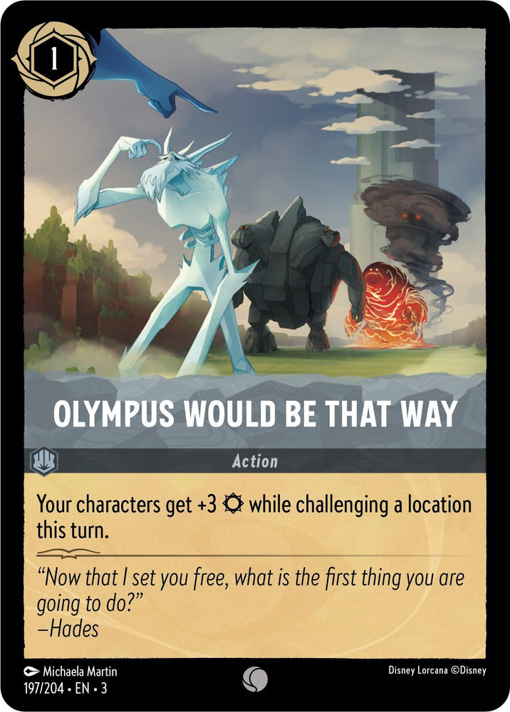 A blue crystalline creature wields a sword, followed by an armored black bull against a scenic backdrop with fire and smoke in the distance. Text reads "Olympus Would Be That Way," providing a bonus during an Inklands location challenge. [197/204] Disney.