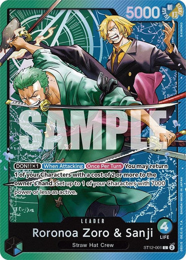 This trading card, part of the "Roronoa Zoro & Sanji" release from Bandai's "Starter Deck: Zoro and Sanji," showcases Straw Hat Crew members Roronoa Zoro, wielding swords in a green robe, and Sanji, performing a kick in a suit. The card features an intricate blue-green design highlighting their abilities. As a Leader Card, it carries a power level of 5000 and offers 4 life points.