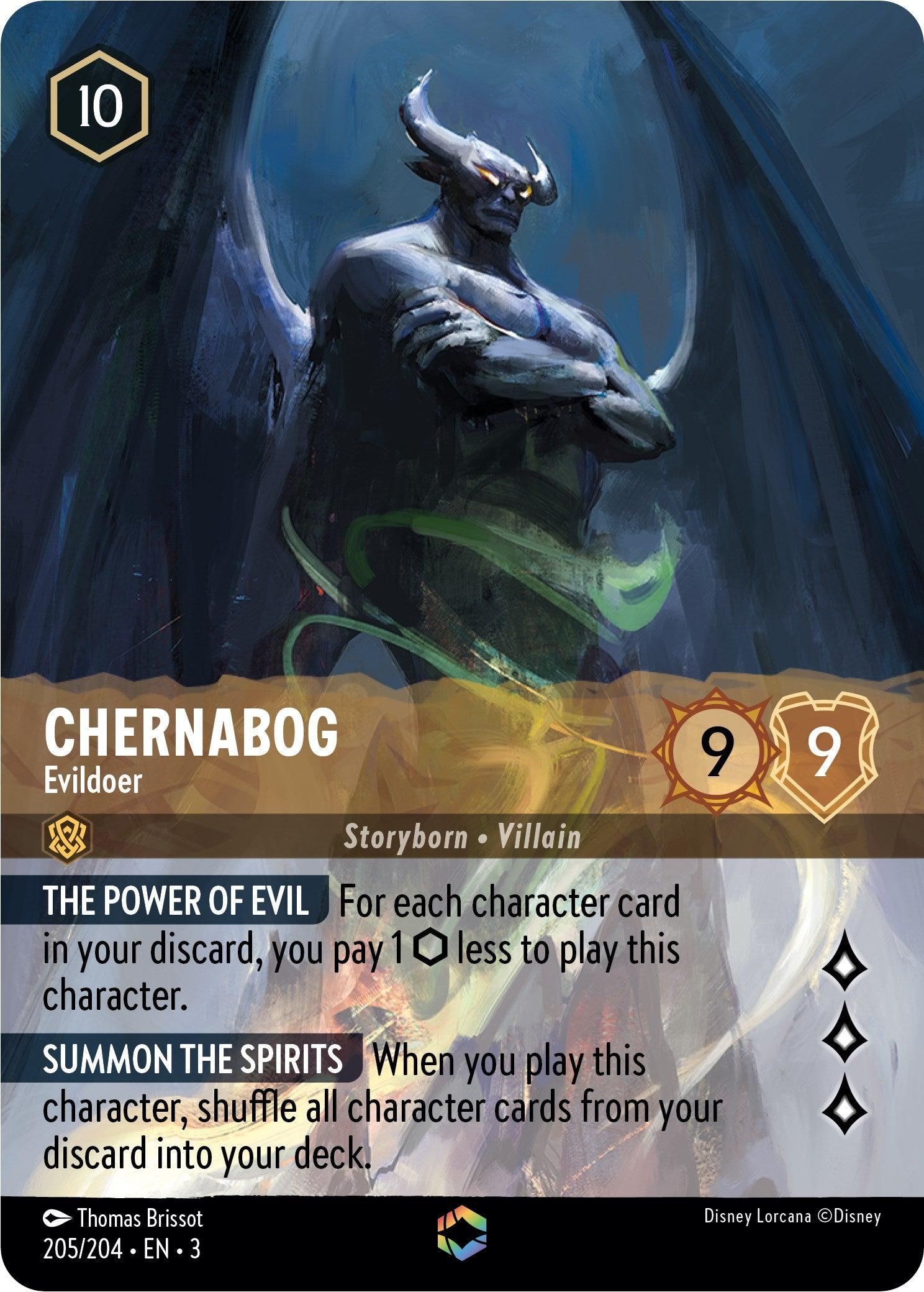 A trading card with an illustration of Chernabog, a dark, horned demon, cloaked in shadow. The card description reads: 