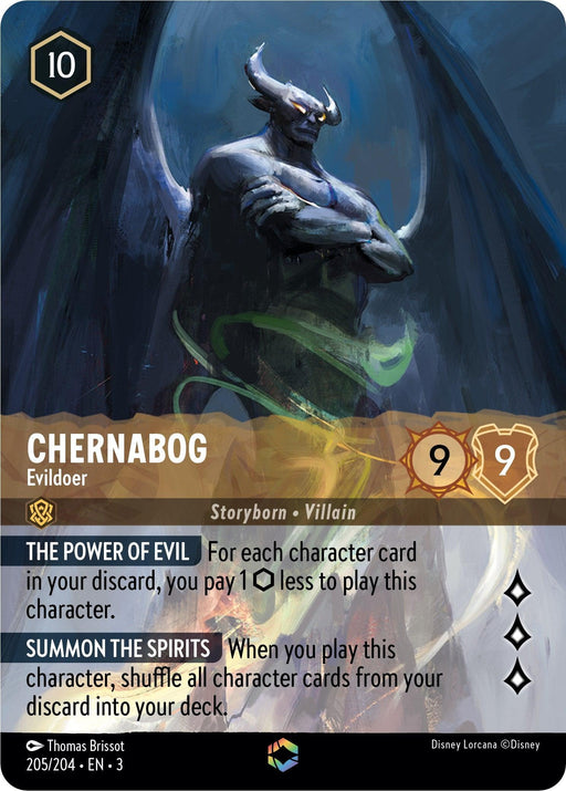 A trading card with an illustration of Chernabog, a dark, horned demon, cloaked in shadow. The card description reads: "Chernabog - Evildoer (Alternate Art) (205/204) [Into the Inklands], Storyborn Villain." It has a cost of 10, strength of 9, and willpower of 9. Below, two abilities are listed: "The Power of Evil" and "Summ.