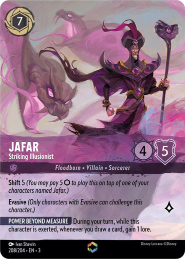 A Disney Lorcana card titled "Jafar - Striking Illusionist (Alternate Art)" from the Into the Inklands series. With a cost of 7, 4 power, and 5 toughness, it boasts abilities like Shift 5 and Evasive. Jafar is depicted in elaborate dark sorcerer attire. The card is numbered 208/204 and illustrated by Ivan Shavrin.