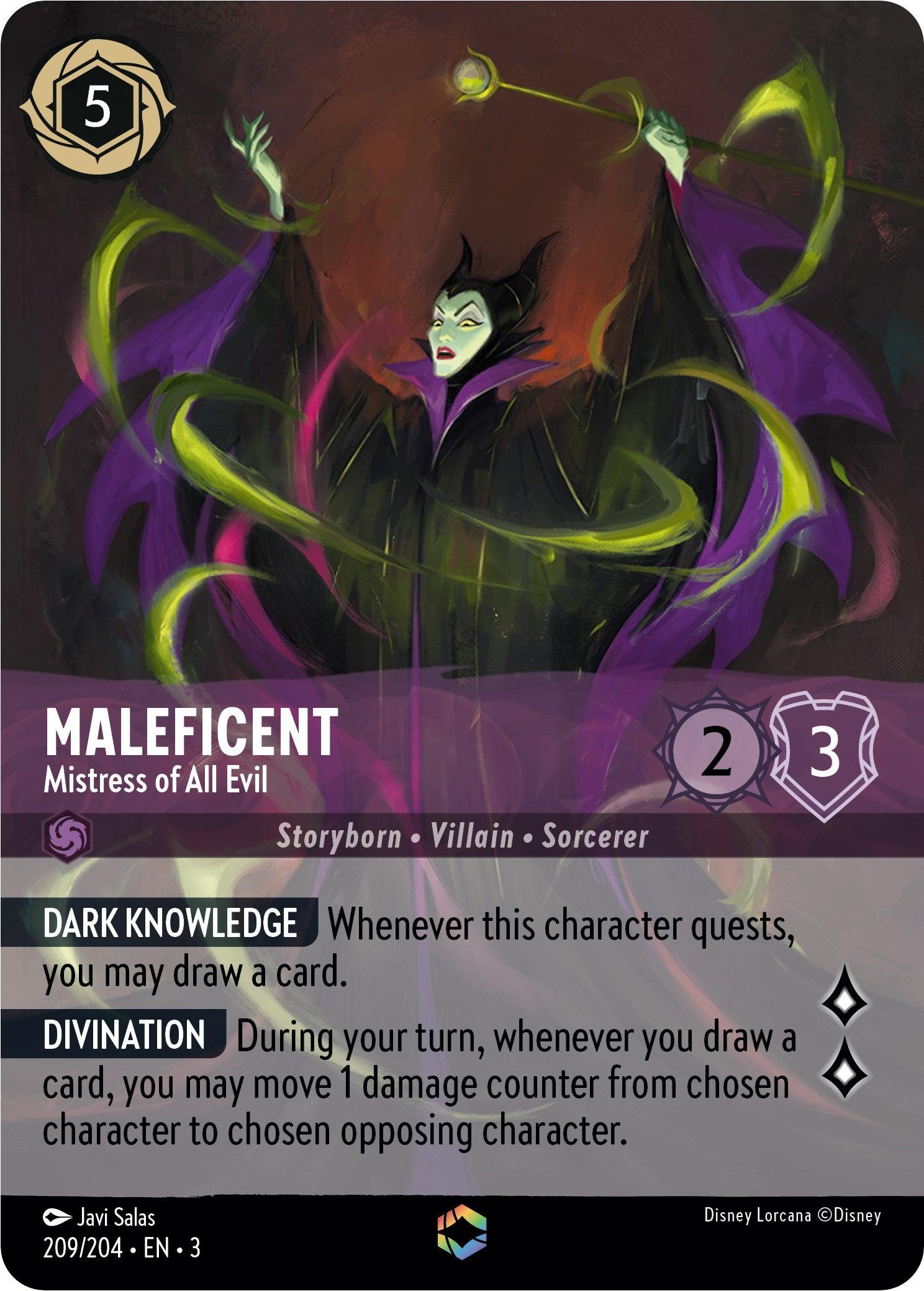 A Disney Maleficent - Mistress of All Evil (Alternate Art) (209/204) [Into the Inklands] card features Maleficent, Mistress of All Evil. The card's attributes include a 5 cost, 2 attack, and 3 defense. It showcases abilities Dark Knowledge and Divination. Depicting Maleficent in an enchanted setting with black and green robes, she wears a sinister expression.