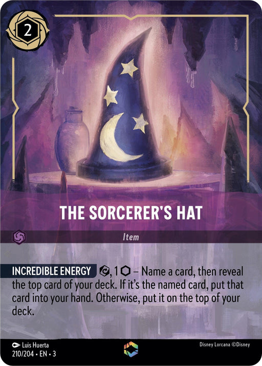 A card from the Disney Lorcana game titled "The Sorcerer's Hat (Alternate Art) (210/204) [Into the Inklands]" features an enchanted wizard's hat with crescent moons and stars. The hat glows faintly, illuminating the rocky, mystical background. The card text details its incredible energy and cost, and the card number is 210 out of 204.