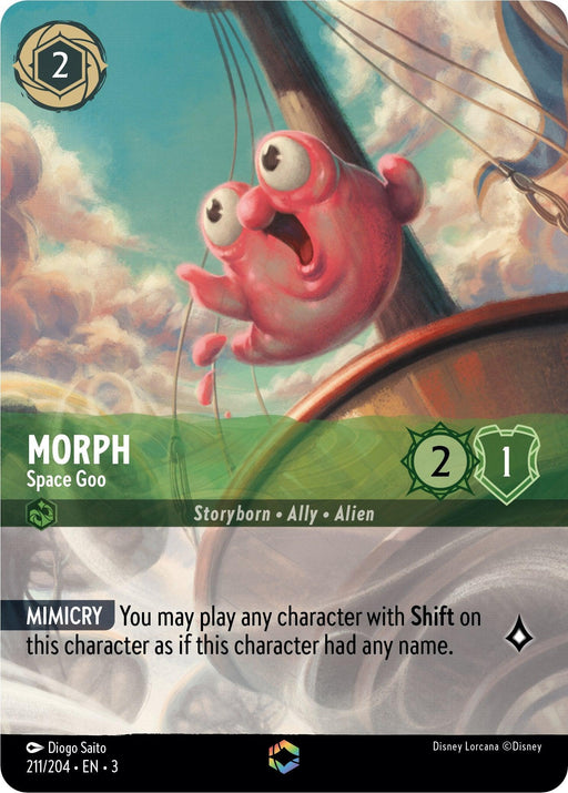 A Disney Lorcana trading card featuring "Morph - Space Goo (Alternate Art) (211/204) [Into the Inklands]." Morph is a pink, amorphous creature with large eyes, floating in the sky with enchanted clouds in the background. The card displays a cost of 2 ink droplets, with stats of 2 attack and 1 defense. It also includes the Mimicry ability.